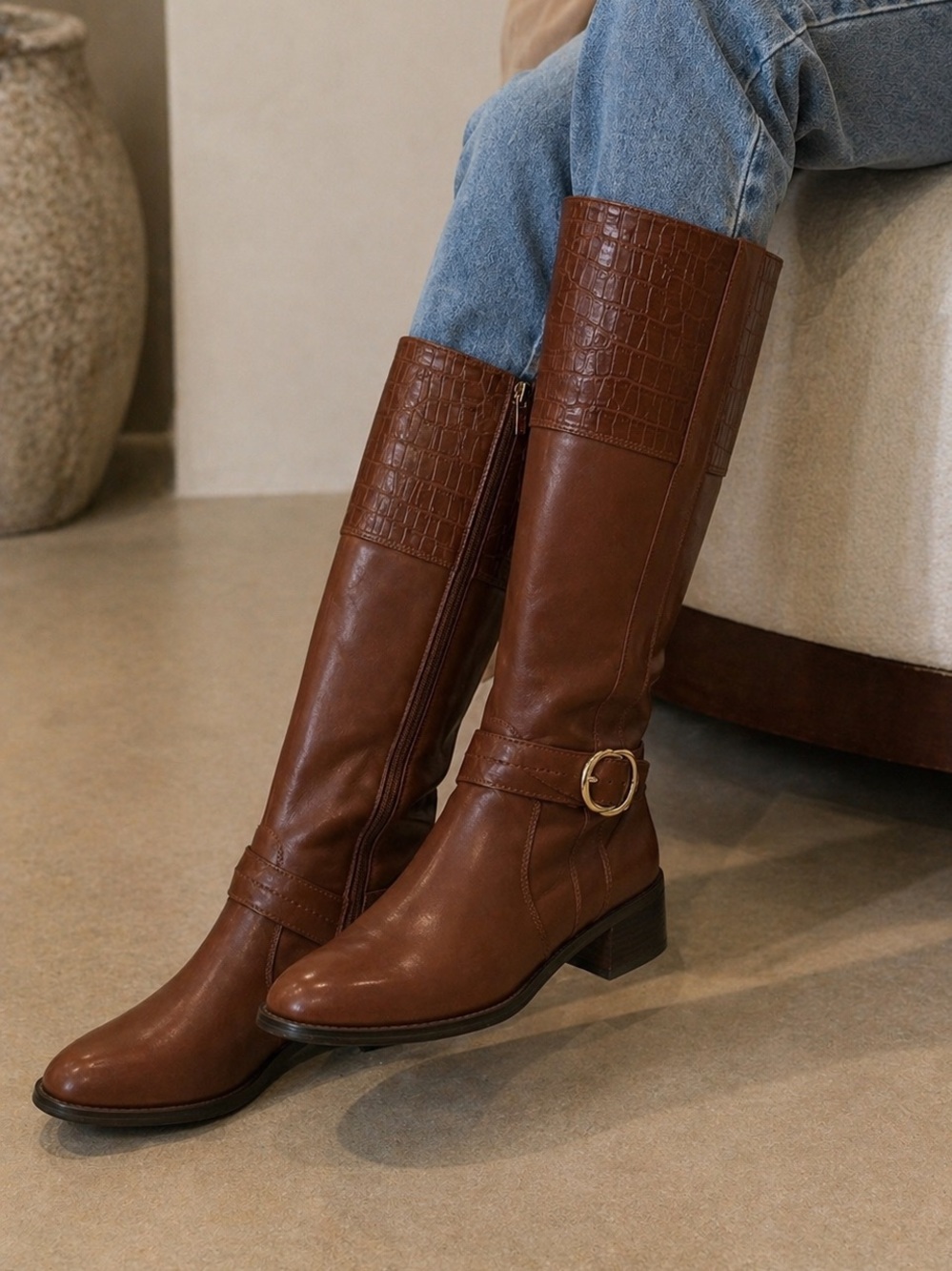Marc Fisher Cognac Brown Mid-Calf Leather Riding Boots with Buckle